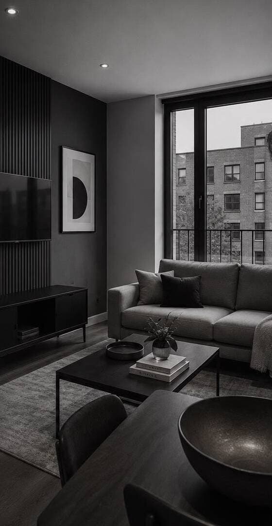 Interior living room with a large window and a sofa.
